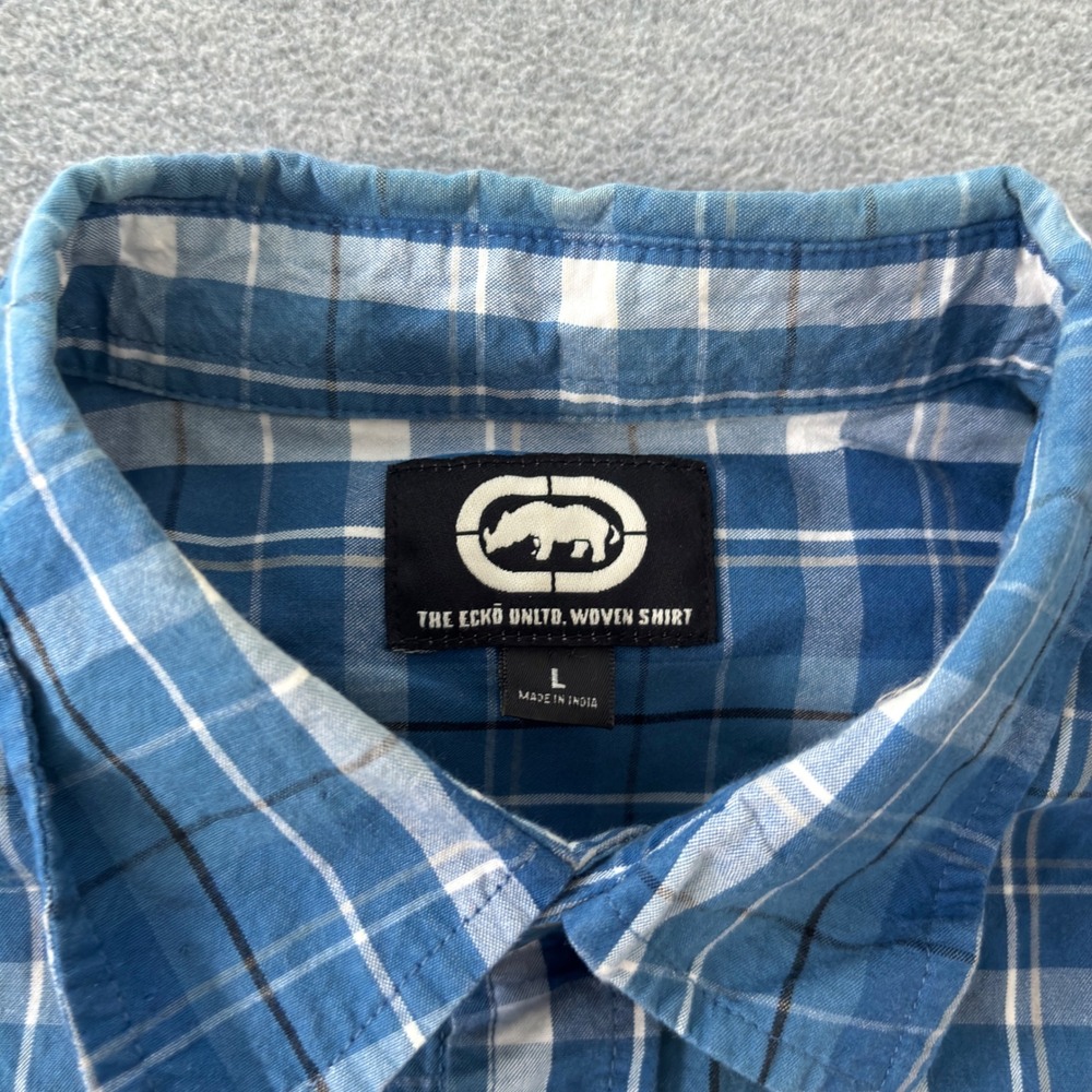Ecko Unltd Mens Blue Plaid Long Sleeve Button Down Shirt Size Large Rhino Logo - Picture 3 of 9